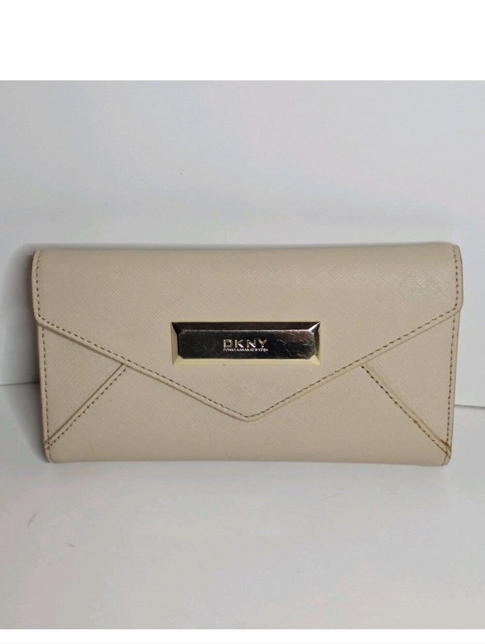 DKNY Saffiano Leather Trifold Envelope Wallet Cream Beige Card Slots Preowned